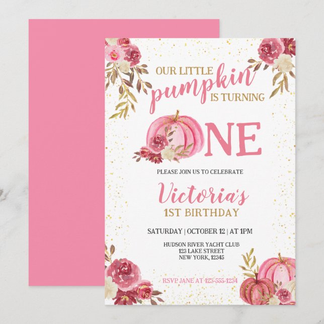 OUR LITTLE PUMPKIN PINK WATERCOLOR 1ST BIRTHDAY INVITATION (Front/Back)