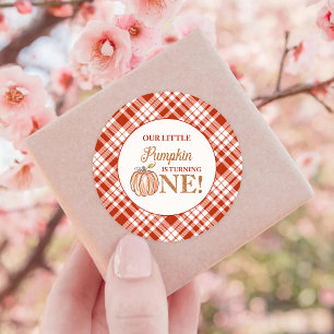 Our Little Pumpkin Red plaid first birthday Classic Round Sticker