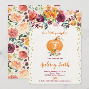Our little pumpkin rustic burgundy floral birthday invitation