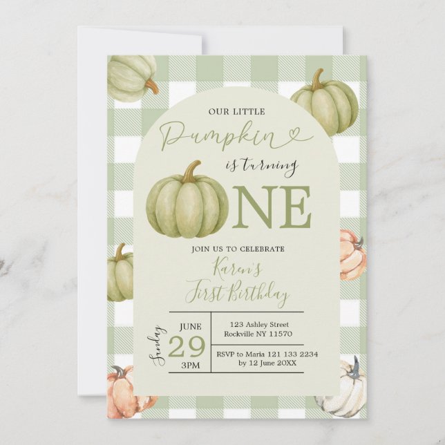 Our Little Pumpkin Sage Gingham 1st Birthday Invitation (Front)