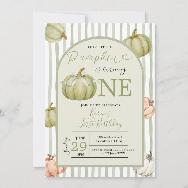 Our Little Pumpkin Sage Preppy 1st Birthday Invitation (Front)