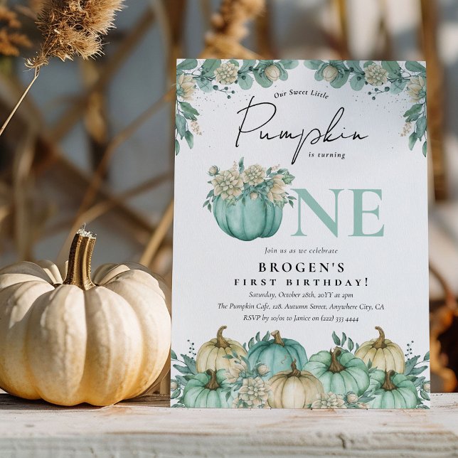 Our Little Pumpkin Teal & White 1st Birthday Invitation (Creator Uploaded)