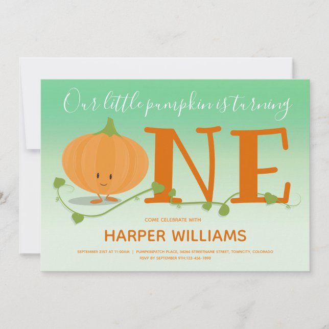 Our Little Pumpkin Turning One 1st Birthday Green Invitation (Front)