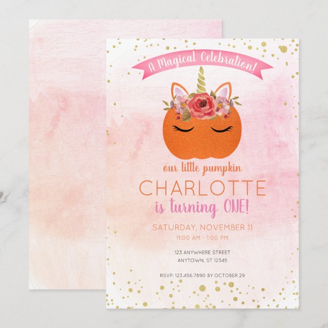 Our Little Pumpkin Unicorn Magical Birthday Invitation (Front/Back)