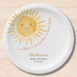 Our Little Ray Of Sunshine Baby Shower Paper Plate<br><div class="desc">Are you planning a sun-themed baby shower? This cute baby shower paper plate says "Our Little Ray Of Sunshine Is Almost Here" in stylish script typography with a smiling yellow watercolor sun. Easily customizable. There are matching paper napkins and cups in my store. Because we create our artwork you won't...</div>