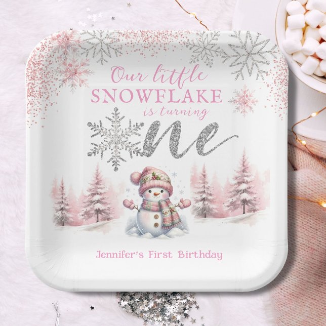 Our Little Snowflake Girl Pink Silver 1st Birthday Paper Plate (Creator Uploaded)