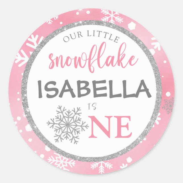 OUR LITTLE SNOWFLAKE PINK 1ST BIRTHDAY CLASSIC ROUND STICKER (Front)