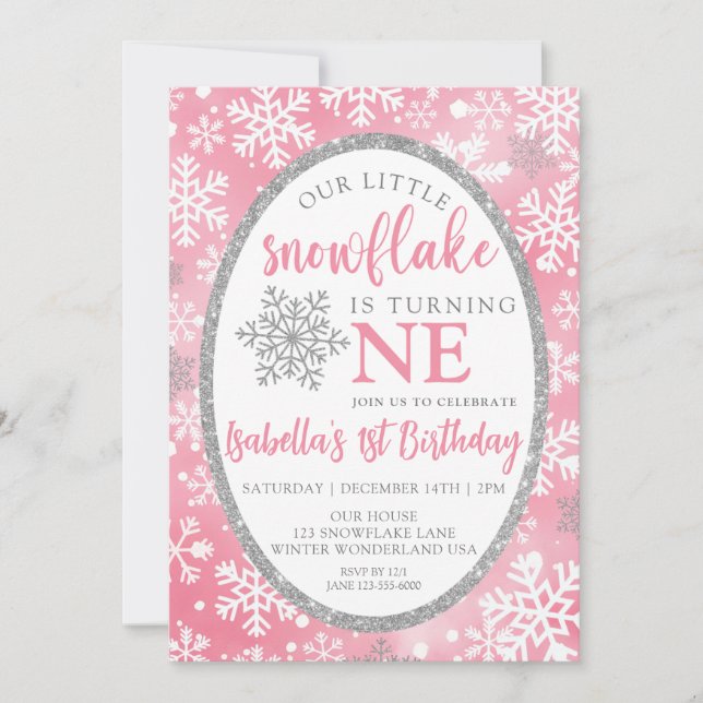 OUR LITTLE SNOWFLAKE PINK 1ST BIRTHDAY INVITATION (Front)