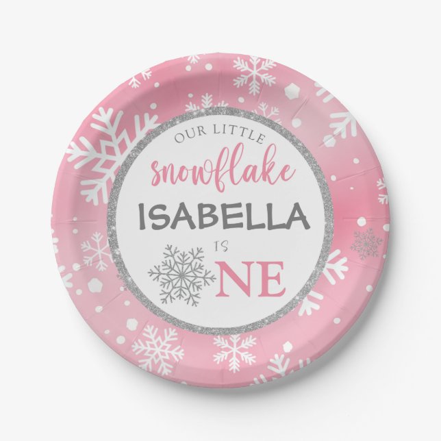 OUR LITTLE SNOWFLAKE PINK 1ST BIRTHDAY PAPER PLATE (Front)