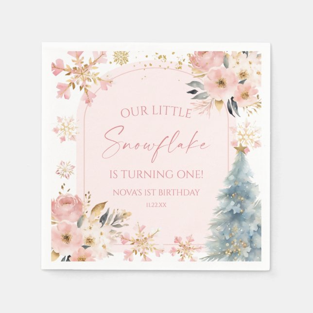 Our Little Snowflake Pink Winter Birthday Party Napkin (Front)