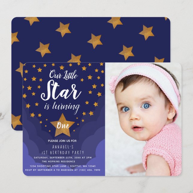 Our little Star Cute 1st Birthday Photo Invitation (Front/Back)