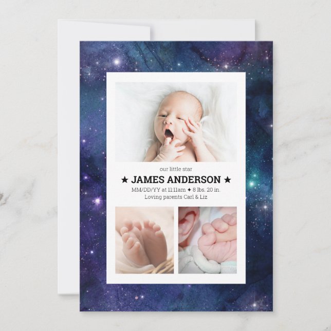 Our Little Star Watercolor Galaxy Birth Announcement (Front)