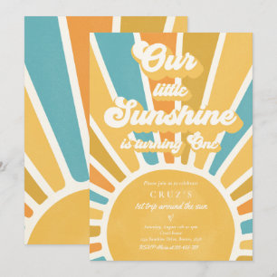 Our Little Sunshine 1st Birthday Party Retro Blue Invitation