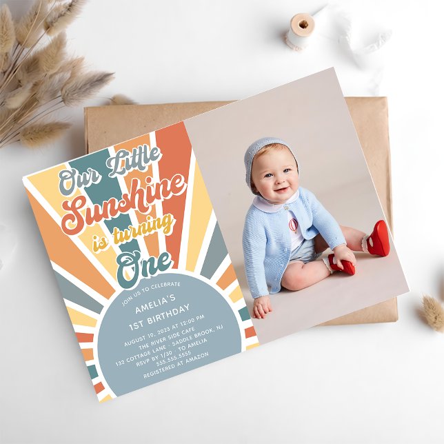 Our Little Sunshine 1st Birthday Rainbow Photo Invitation (Creator Uploaded)