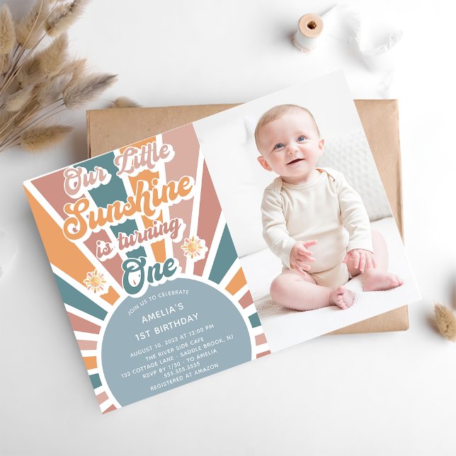 Our Little Sunshine 1st Birthday Rainbow Photo Invitation (Creator Uploaded)