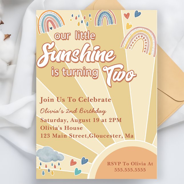 Our Little Sunshine 2nd Birthday Rainbow Party Invitation (Creator Uploaded)