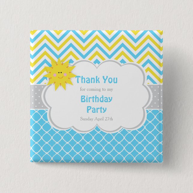 Our little Sunshine Blue and Yellow Birthday Party 2 Inch Square Button (Front)