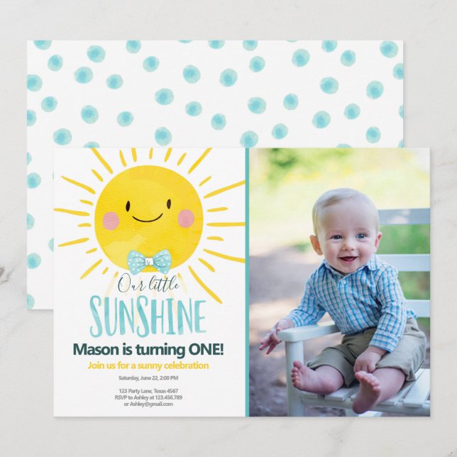Our Little Sunshine Boy Blue Bow Tie Sun Birthday Invitation (Front/Back)
