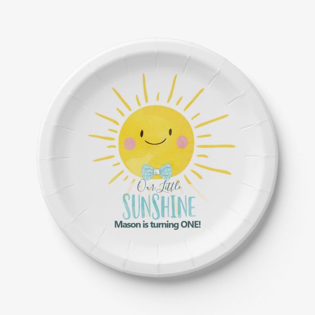 Our Little Sunshine Boy Blue Bow Tie Sun Party Paper Plate (Front)