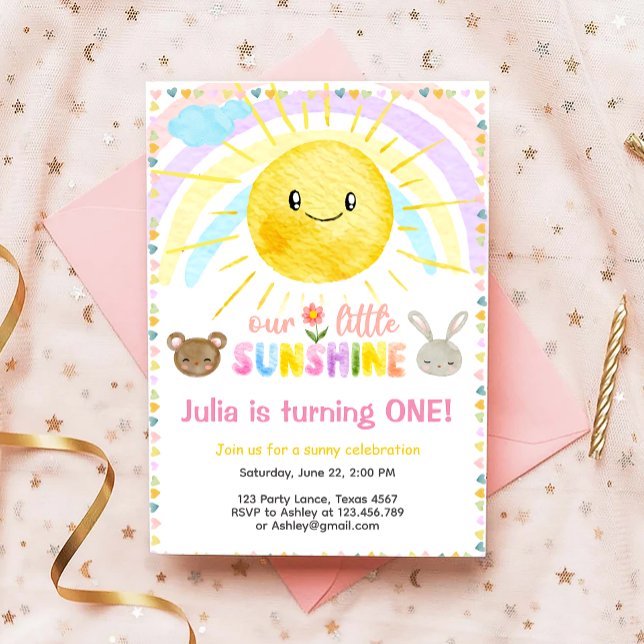 Our Little Sunshine Cute Girl Pink First Birthday Invitation (Creator Uploaded)