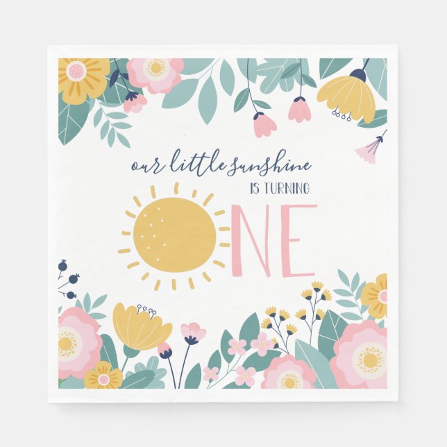 Our Little Sunshine Floral, Pink Stripe Birthday N Napkin (Front)