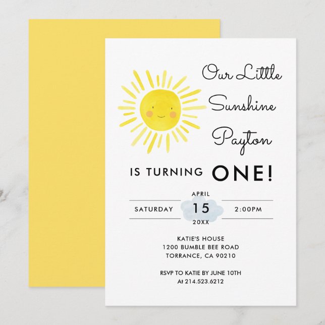Our Little Sunshine Girl 1st Birthday Party Invitation (Front/Back)