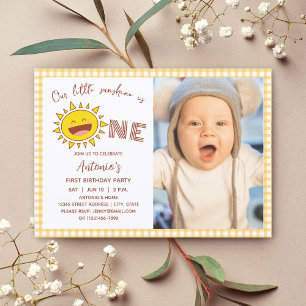 Our Little Sunshine is One Cute Boy Birthday Photo Invitation