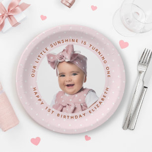 Our Little Sunshine is One Girl Birthday Photo Paper Plate
