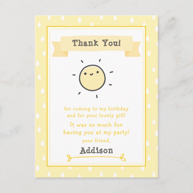Our Little Sunshine Kids Birthday Thank You  Postcard (Front)