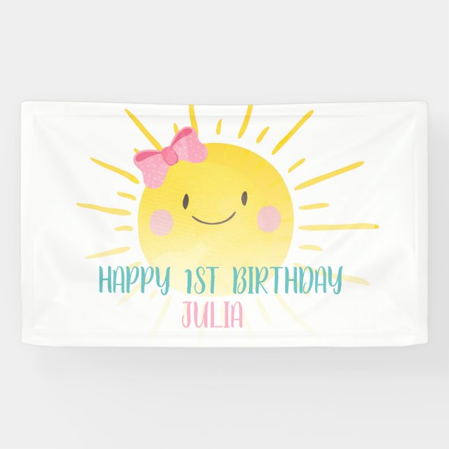 Our Little Sunshine Pink Girl Birthday Backdrop Banner (Horizontal)