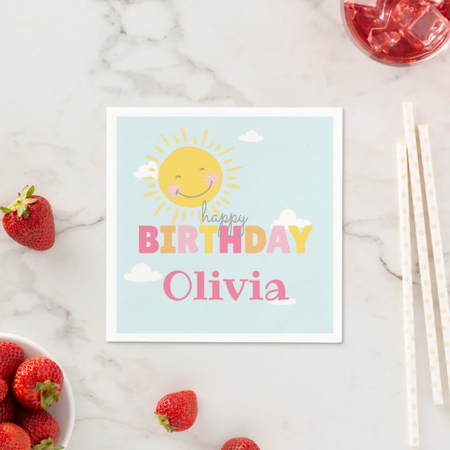 Our Little Sunshine Pink Happy Birthday Any Age Napkin (Insitu)