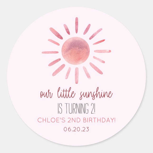 Our Little Sunshine Pink Sun Birthday Party Classic Round Sticker (Front)