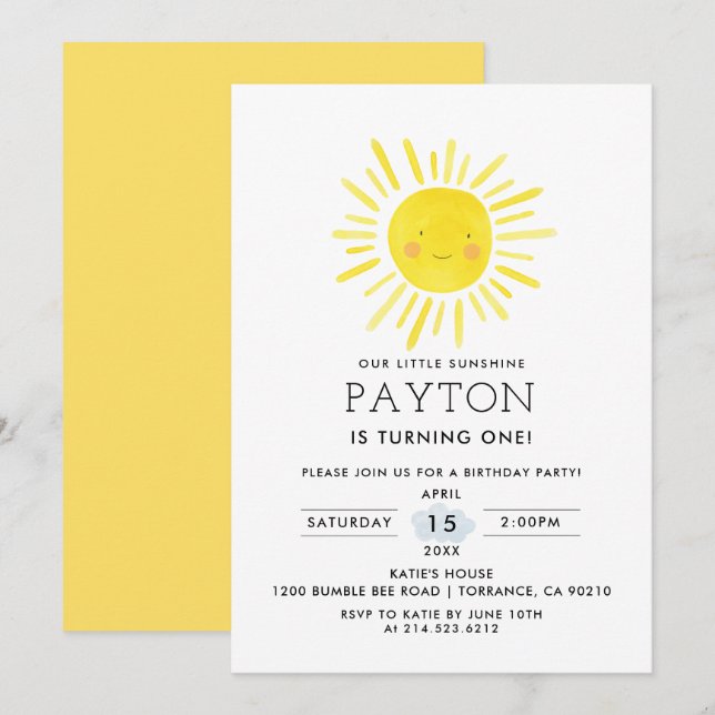 Our Little Sunshine Sun 1st Birthday Party Invitation (Front/Back)