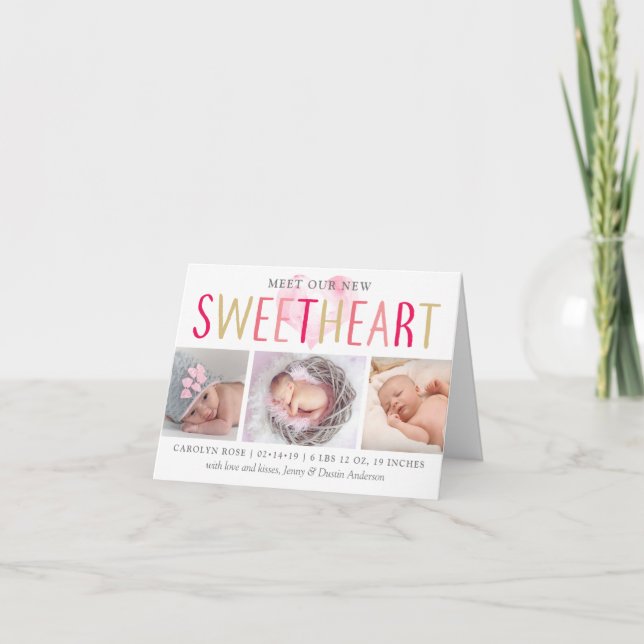 Our Little Sweetheart 3 Photo Birth Announcement (Front)
