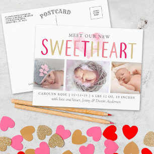 Our Little Sweetheart 3 Photo Birth Announcement Postcard