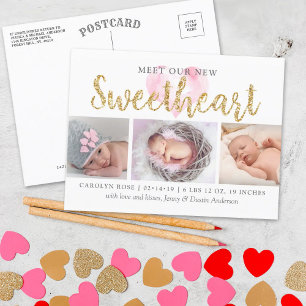 Our Little Sweetheart 3 Photo Birth Announcement Postcard