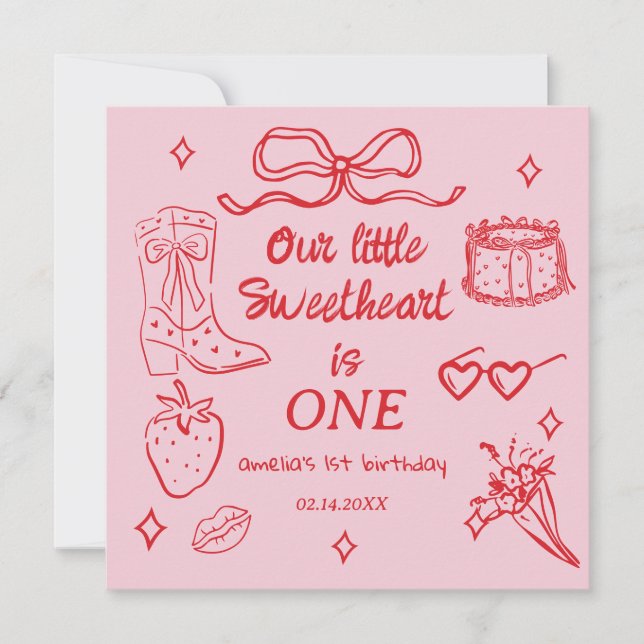 Our little Sweetheart is One Birthday Invitation (Front)