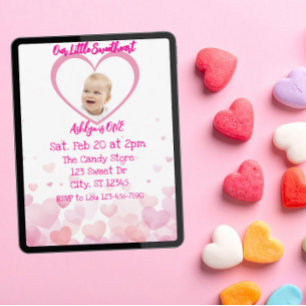 Our Little Sweetheart is ONE, hearts 1st Birthday Invitation