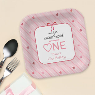 Our Little Sweetheart Is One Hearts Bows Birthday Paper Plate
