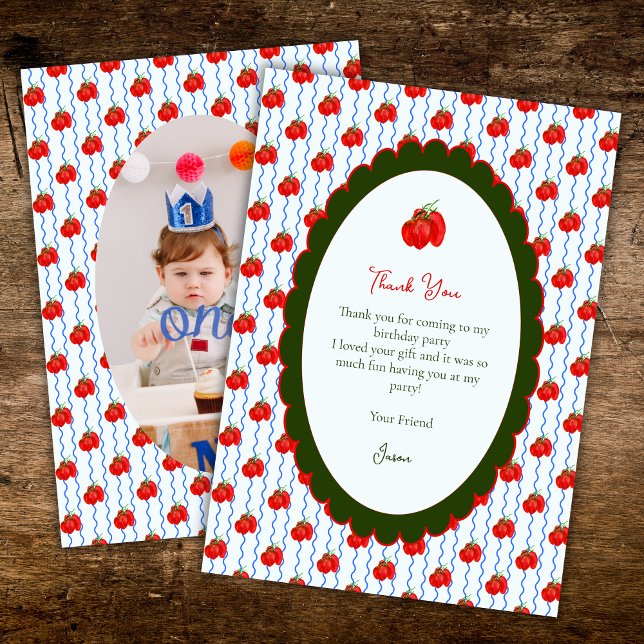 Our Little Tomato is Turning One  Party Photo Thank You Card (Creator Uploaded)