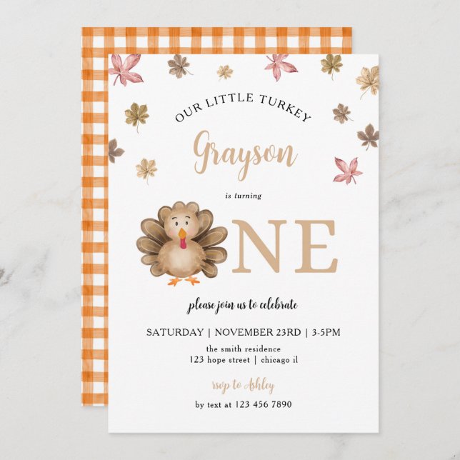 Our Little Turkey Fall Thanksgiving 1st Birthday Invitation (Front/Back)