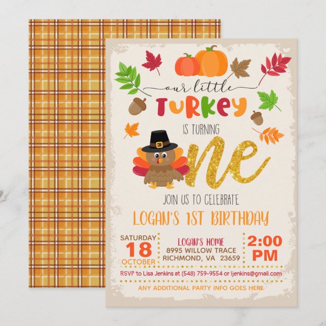 Our Little Turkey is Turning ONE Invitation - P (Front/Back)