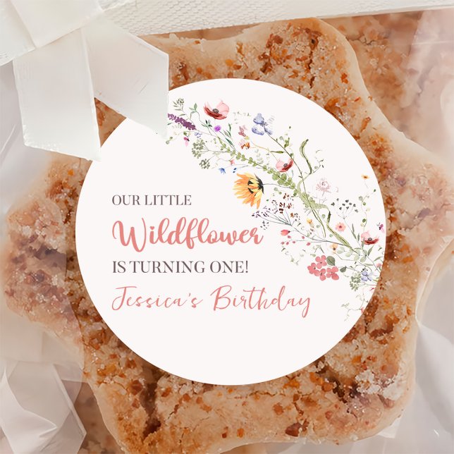 Our Little Wildflower Baby Girl 1st Birthday Party Classic Round Sticker (Creator Uploaded)