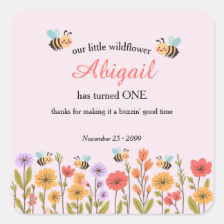 Our Little Wildflower Floral Bee 1st Birthday Square Sticker