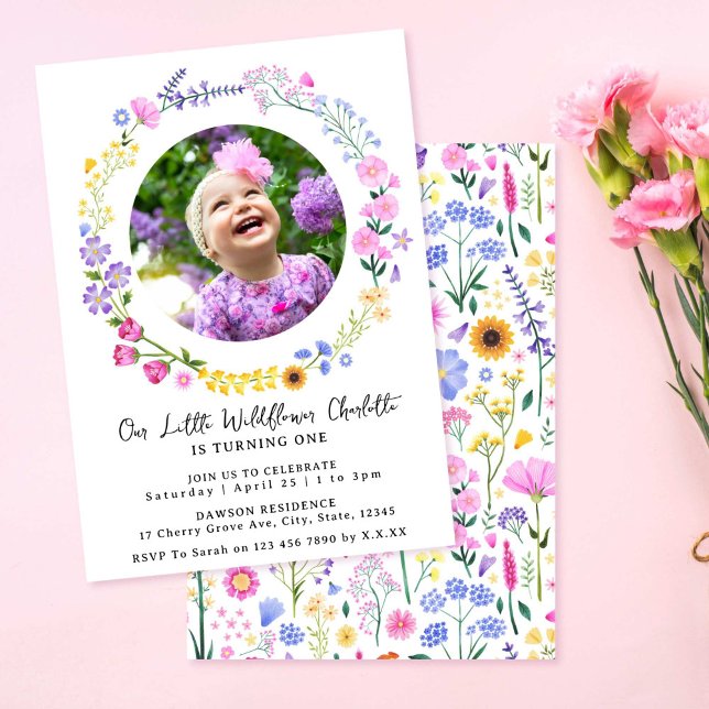 Our Little Wildflower Girl 1st Birthday Photo Invitation (Our Little Wildflower Girl 1st Birthday Photo Invitation)