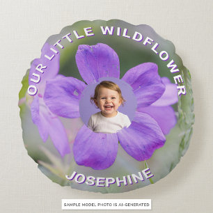 Our Little Wildflower Lilac Geranium Custom Photo Round Pillow
