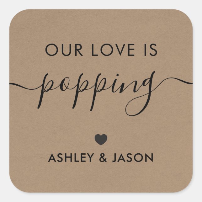 Our Love is Poppping, Popcorn Tag, Wedding, Kraft Square Sticker (Front)