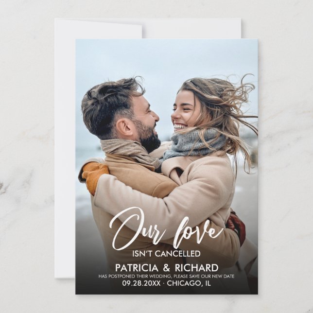 Our Love Isn’t Cancelled Wedding New Date Photo Invitation (Front)