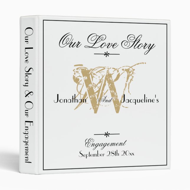 Our Love Story Elegant White Monogram Engagement Binder (Front/Spine)