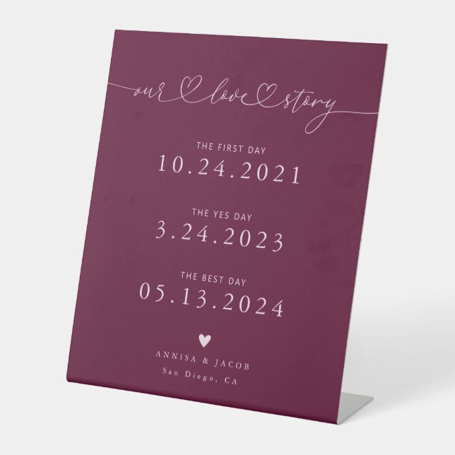 Our Love Story Hearts Cranberry Wedding Timeline Pedestal Sign (Front)